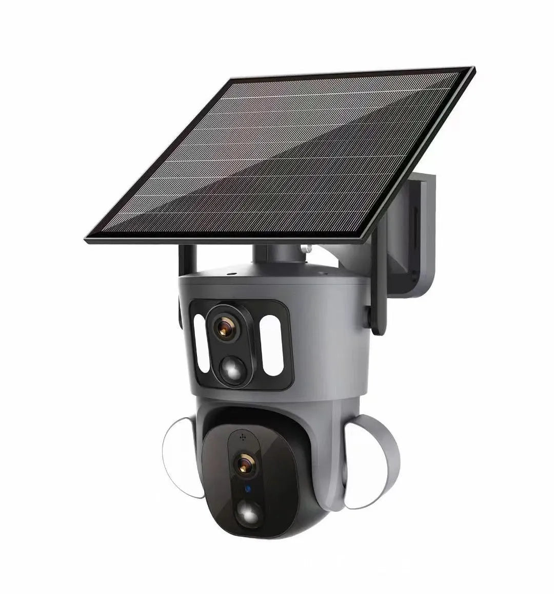 Solar-powered triple-screen surveillance camera with integrated solar panel for outdoor security