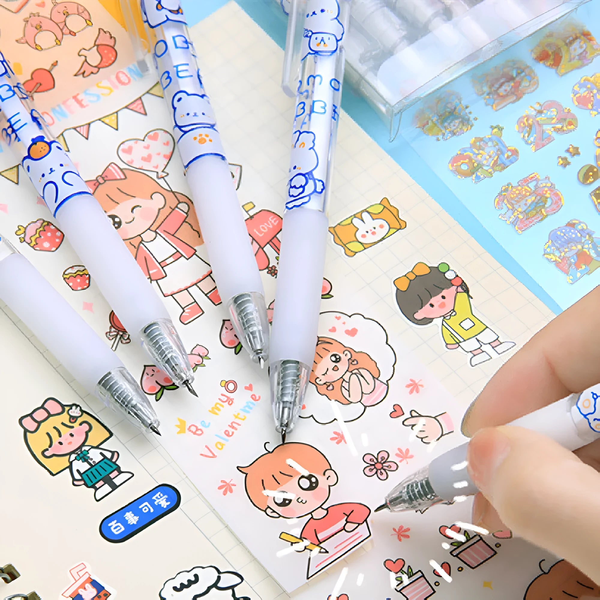 Six colourful cartoon animal pen knives including bears and rabbits in plastic and metal construction