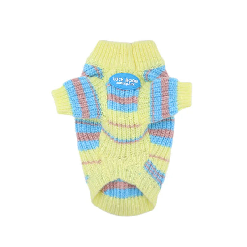 Blue and yellow striped wool knit sweater for a small dog on a white background.