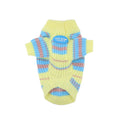 Blue and yellow striped wool knit sweater for a small dog on a white background.