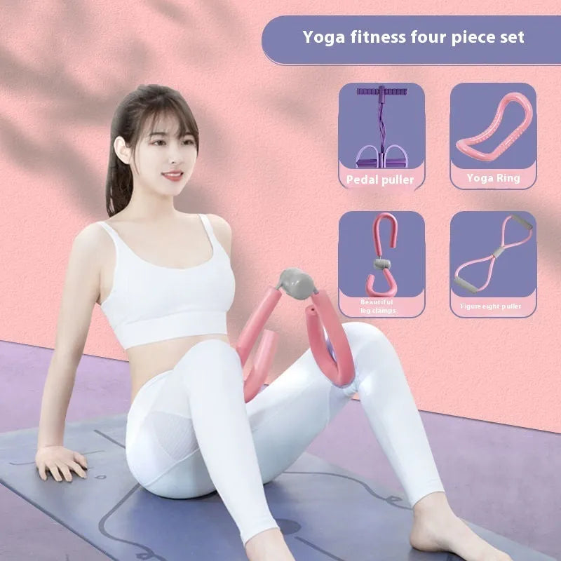 Yoga four piece set showing leg stretcher, yoga ring, pedal chest expander and figure eight tension rope.
