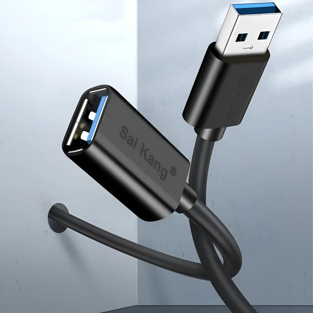 Black USB extension cable with male and female connectors, shown coiled to demonstrate its available lengths.