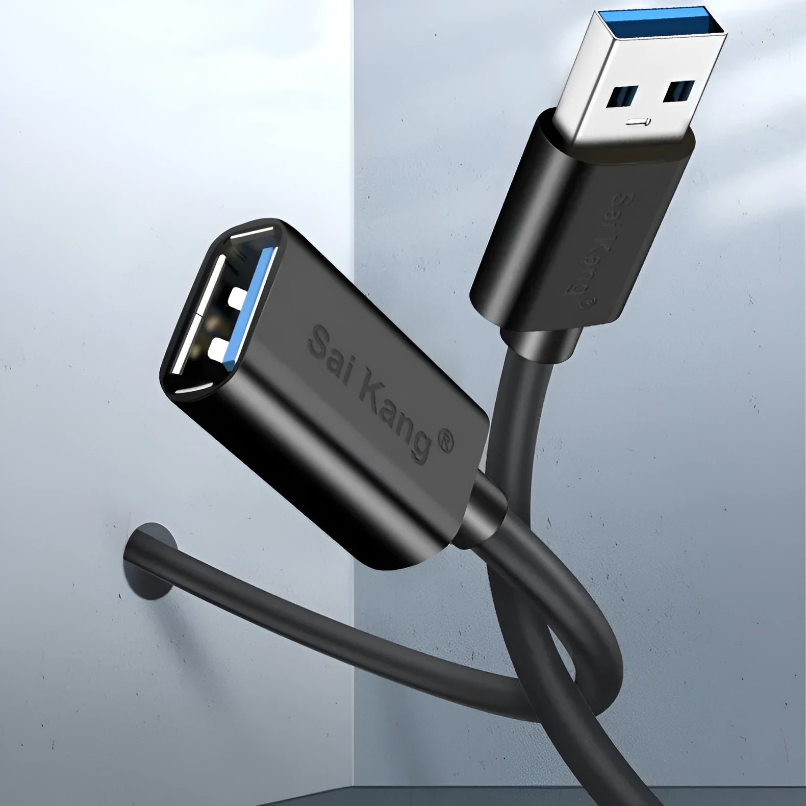 Black USB extension cable with male and female connectors, shown coiled to demonstrate its available lengths.