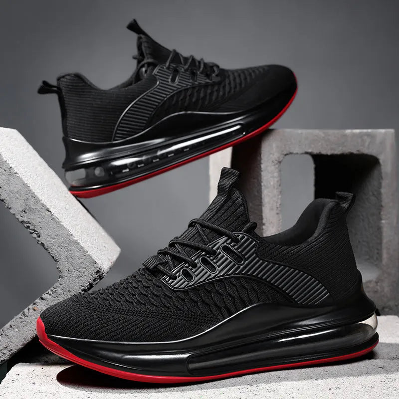 Men's black mesh running shoes with rubber sole and low-top design for sports activities