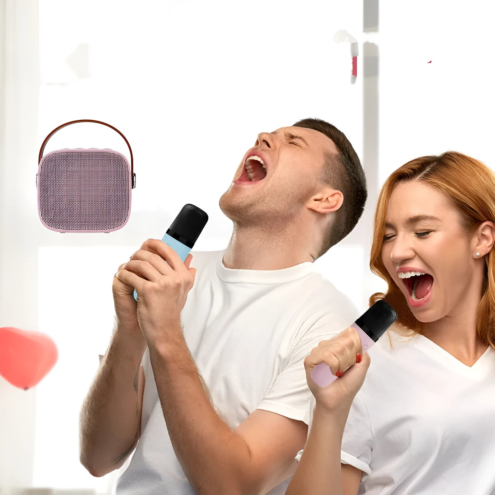 Portable Bluetooth speaker with microphone in white, pink or blue colours showing compact 8x6.5x7cm size