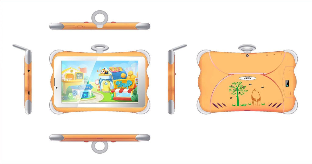 Cartoon green children's 7-inch learning tablet displayed on its included stand