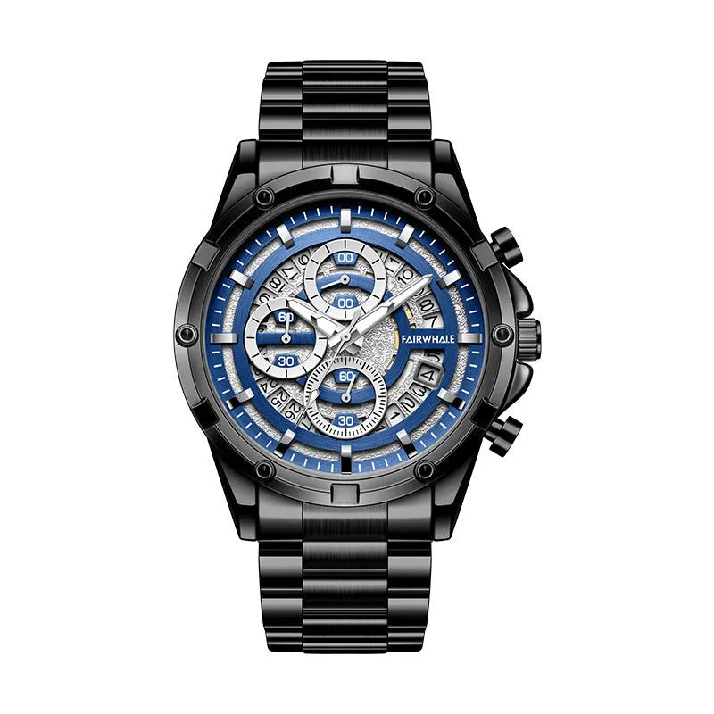 Men's waterproof luminous quartz watch with steel strap showing three colour options