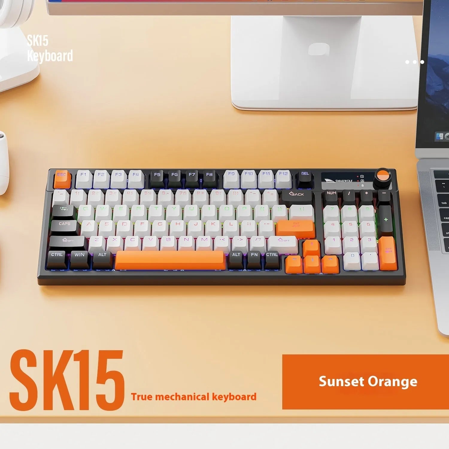 Wired mechanical gaming keyboard with control knob in Black, Sunset Orange, and Autumn Water Blue colour options