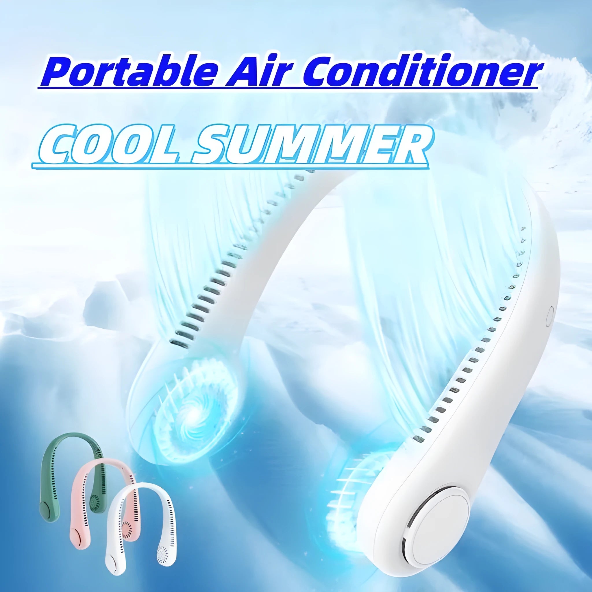White rechargeable bladeless neck fan hanging around a person's neck
