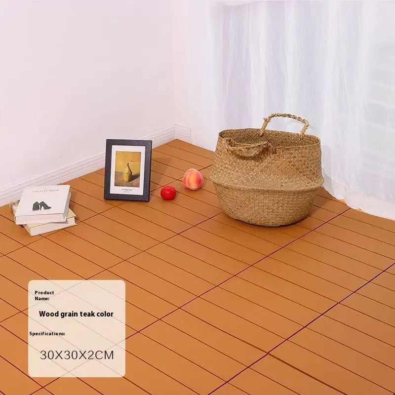 Set of ten square plastic floor tiles with wood grain texture in various colour options.