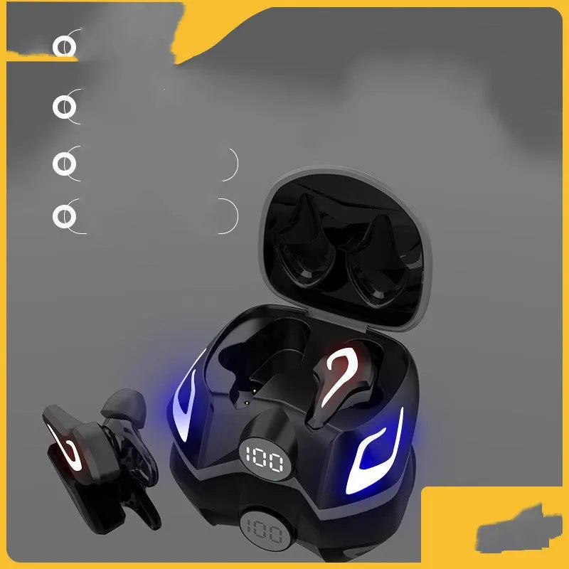 Black, dark grey, and yellow colour variants of a Bluetooth gaming headset with earplug-style earpieces.