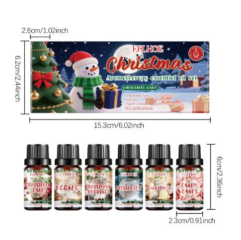 Christmas aromatherapy oil diffuser set showing six units with 60ml and 10ml bottles for home fragrance.