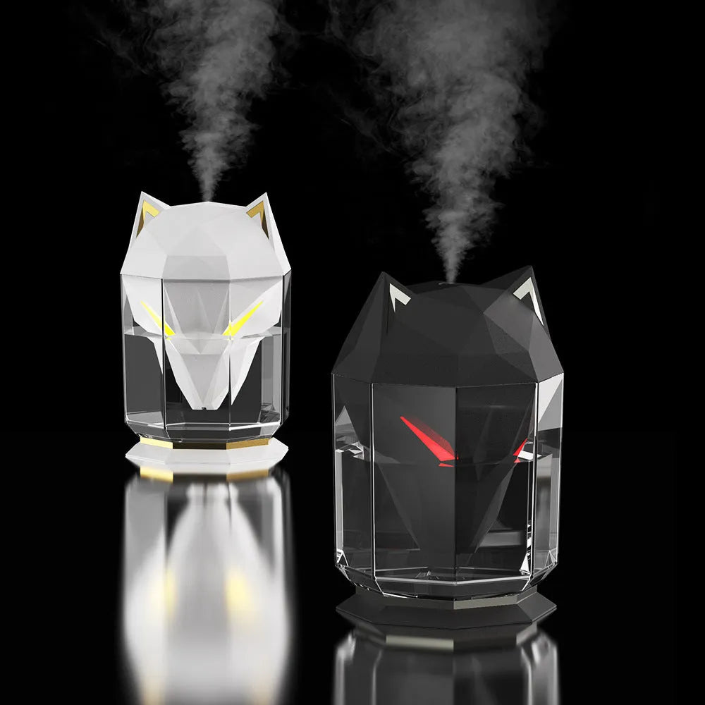 Chrome-plated ultrasonic desktop humidifier with coloured LED lights and USB cable.