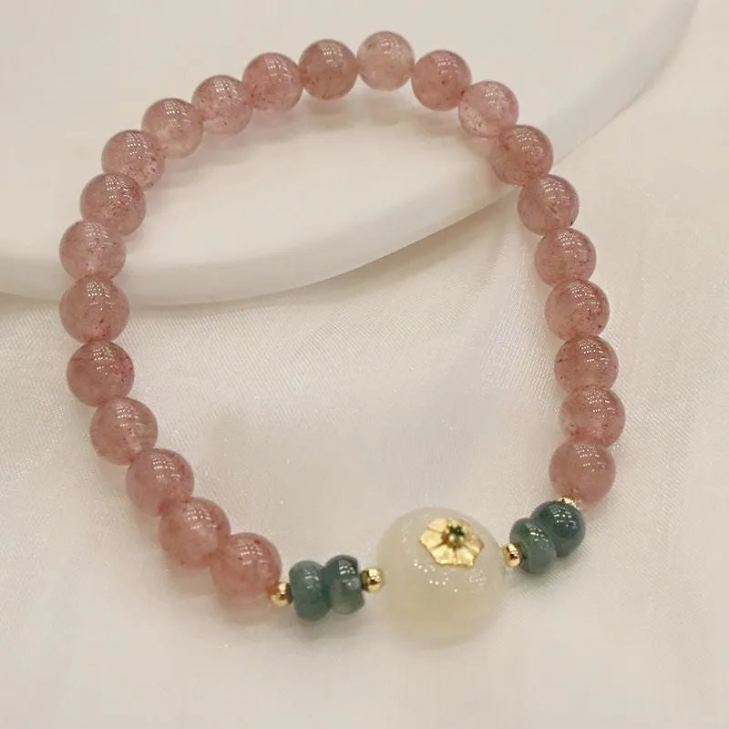Women's bracelet with strawberry quartz, blue water emerald and round jade pendant, ruyi peace buckle elements