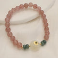 Women's bracelet with strawberry quartz, blue water emerald and round jade pendant, ruyi peace buckle elements