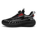 Men's casual sports running shoes with rotating buckle and white green Fly-kit mesh upper on a flat TPU sole.