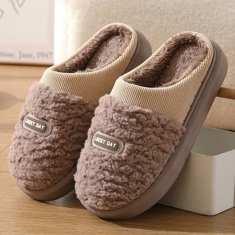 Men's brown and grey plaid cotton slippers with wool lining and a thick EVA sole.