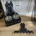 Personalised elevated dog bowl holder with stainless steel bowl in iron frame showing custom name engraving