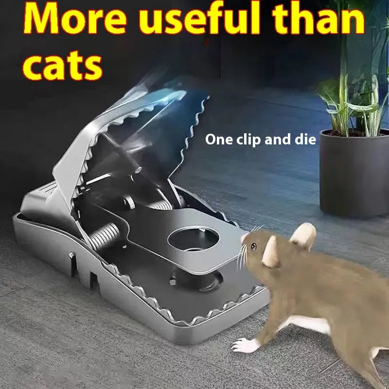 Automatic mouse trap cage and metal clamp rat trap shown in small, medium, and large size options.
