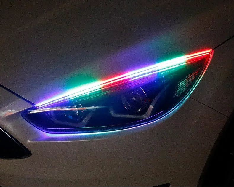 Universal LED daytime running light with remote control in RGB colours, shown in 30cm, 45cm, and 60cm sizes.