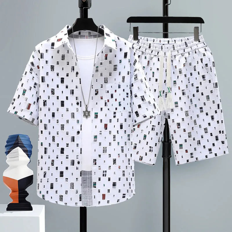 Men's casual polyester sports set with short sleeves and shorts in multiple colours.