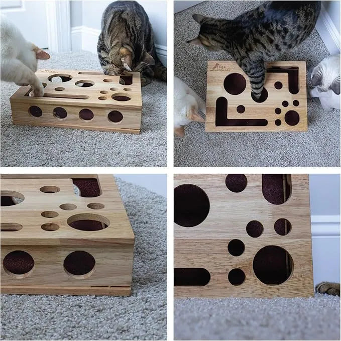 Solid wood square maze cat toy in natural wood colour on floor