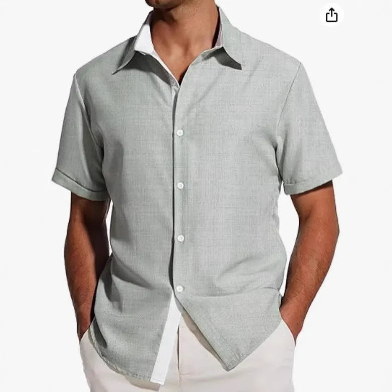 Men's grey floral print short-sleeved shirt laid flat, showing regular fit and cardigan style.