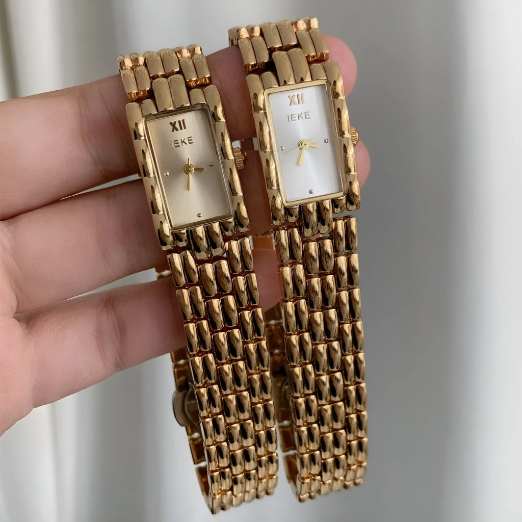 Women's mid-ancient style bracelet watch with 15mm dial, mineral glass, and butterfly buckle in silver or gold colours
