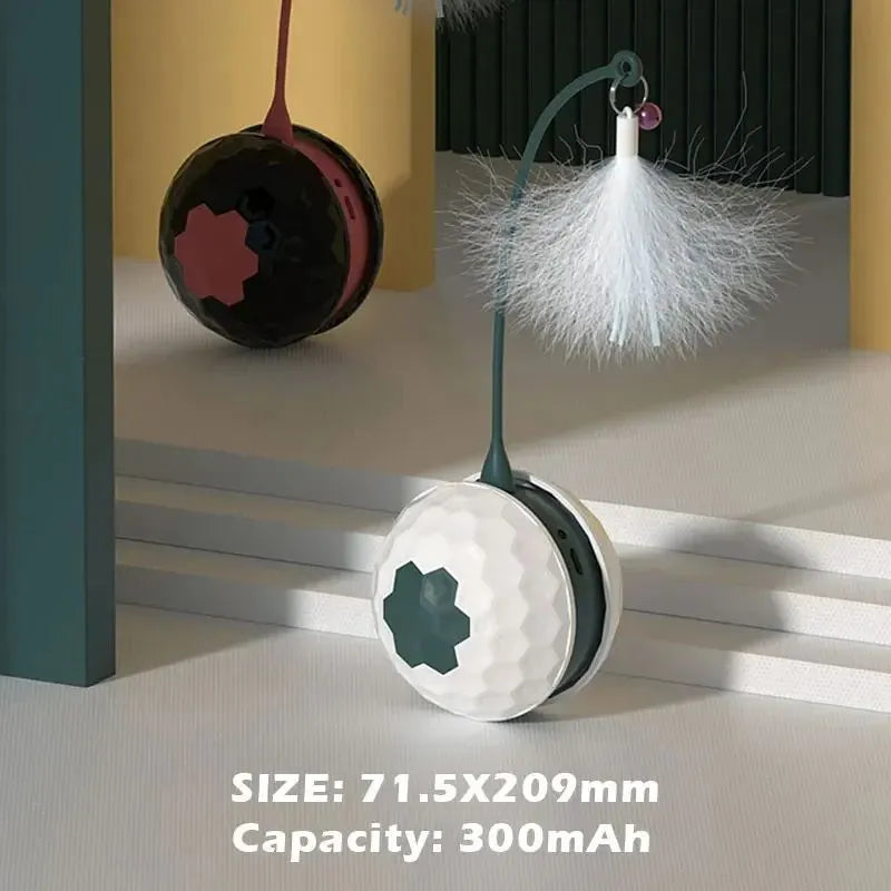 Self-moving cat teaser stick with feather and hemp rope attachments on a red base with USB charging cable