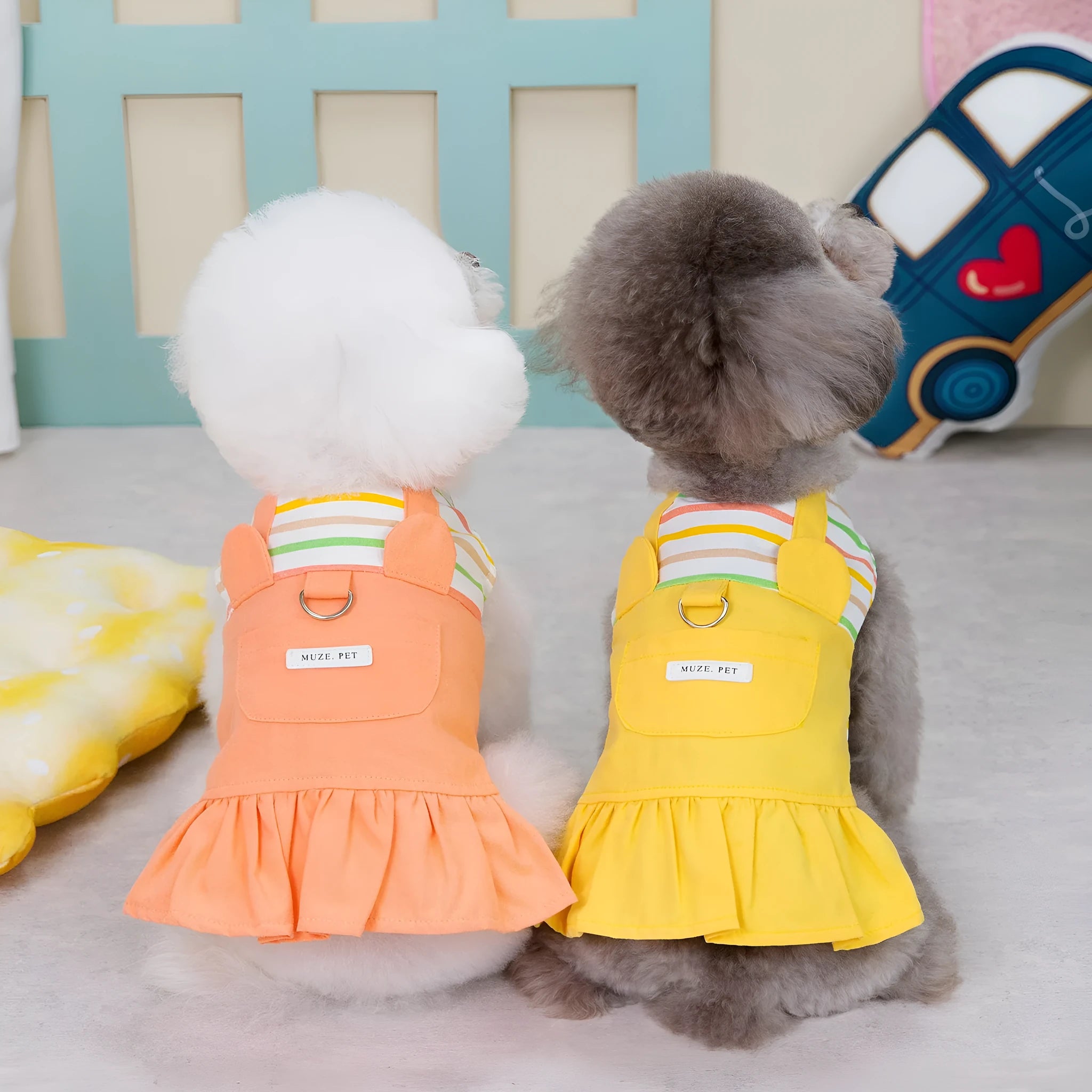 Striped patchwork cotton dog skirt in orange or yellow colour with elastic waistband