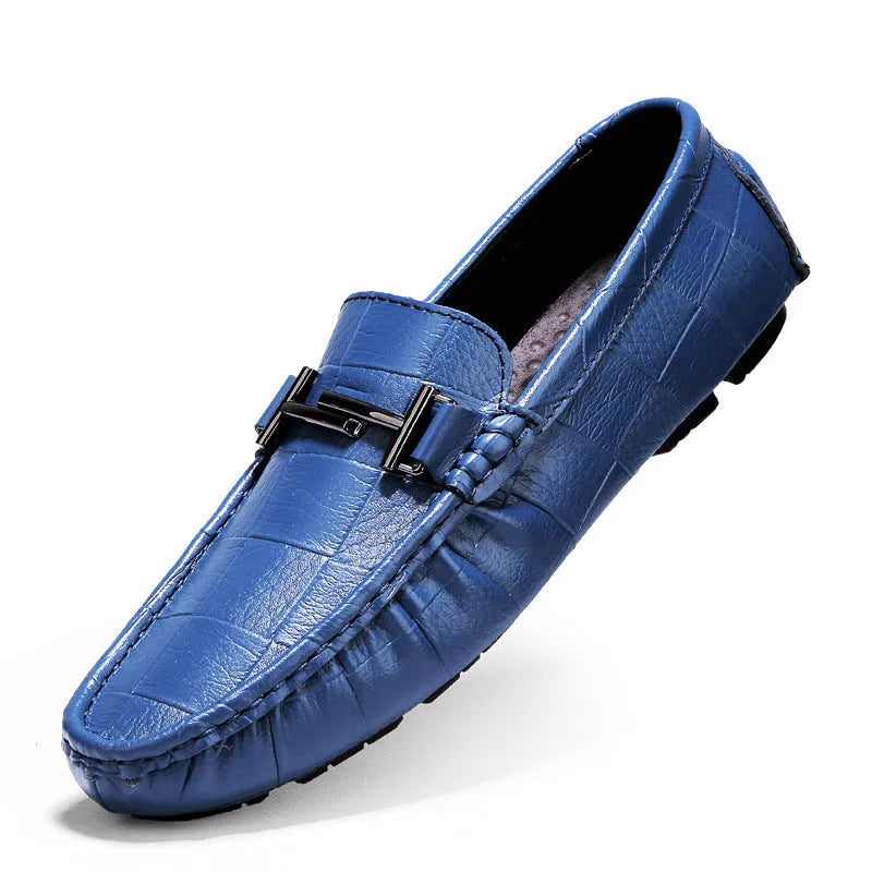 Men's leather casual shoes with a buckle fastening, flat rubber sole, shown in available colours.