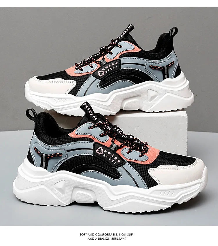 Women's white mesh casual sports shoes with thick sole and buckle detail