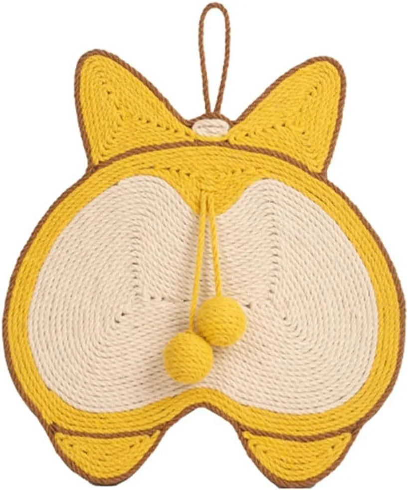 Yellow Corgi butt design sisal cat scratching pad with anti-slip base on a wooden floor.