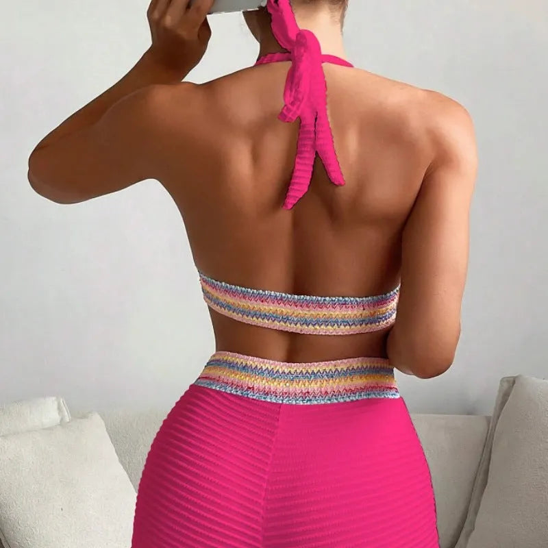 Women's high-waisted bikini swimsuit in polyester with striped or solid pattern in multiple colours