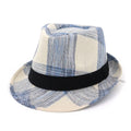 Blue and black polyester straw sun hat with bell crown and 4.5cm brim for outdoor sun protection.