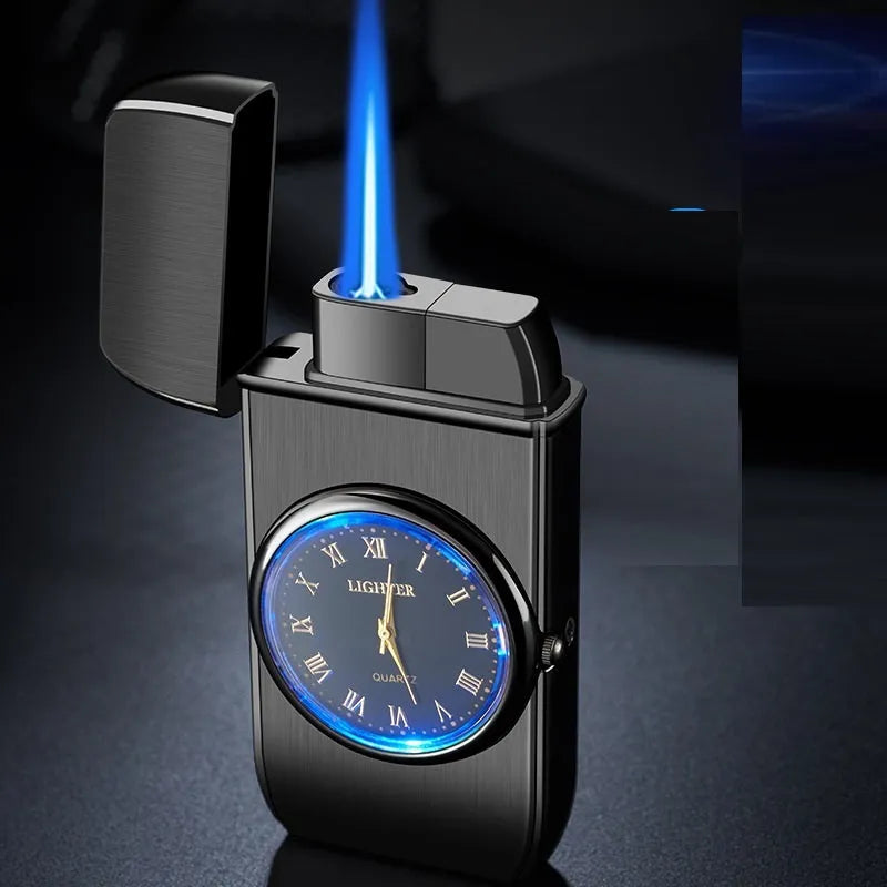 Metal multifunctional electronic lighter with watch display, wind-resistant flame and LED lighting in various colour finishes