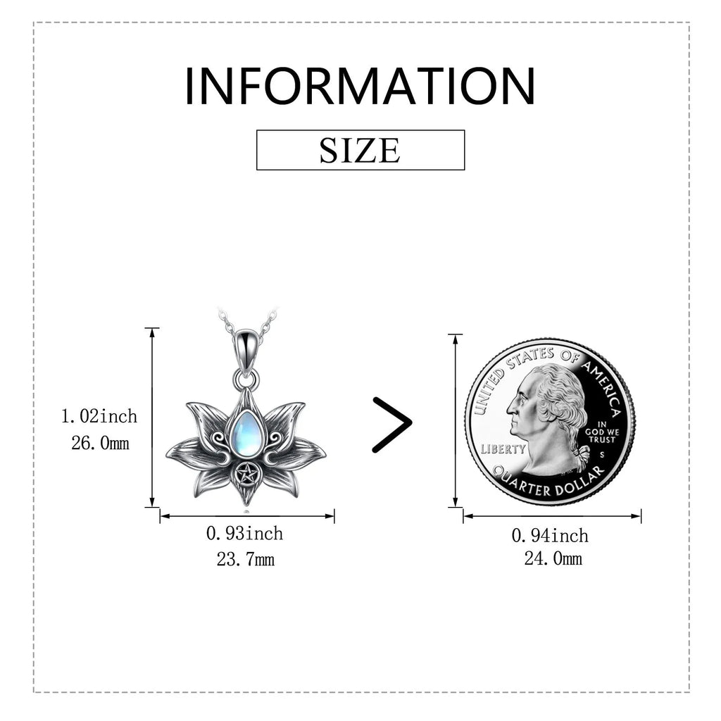 Sterling silver moonstone lotus flower pendant necklace on a calendered O-chain with retro silver finish