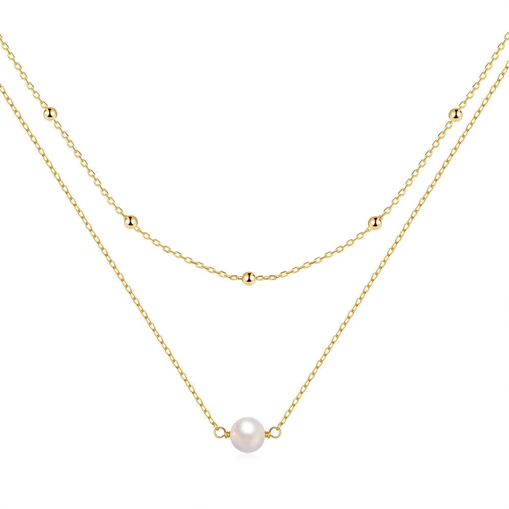 S925 sterling silver double layer twin pearl necklace with geometric design in gold colour
