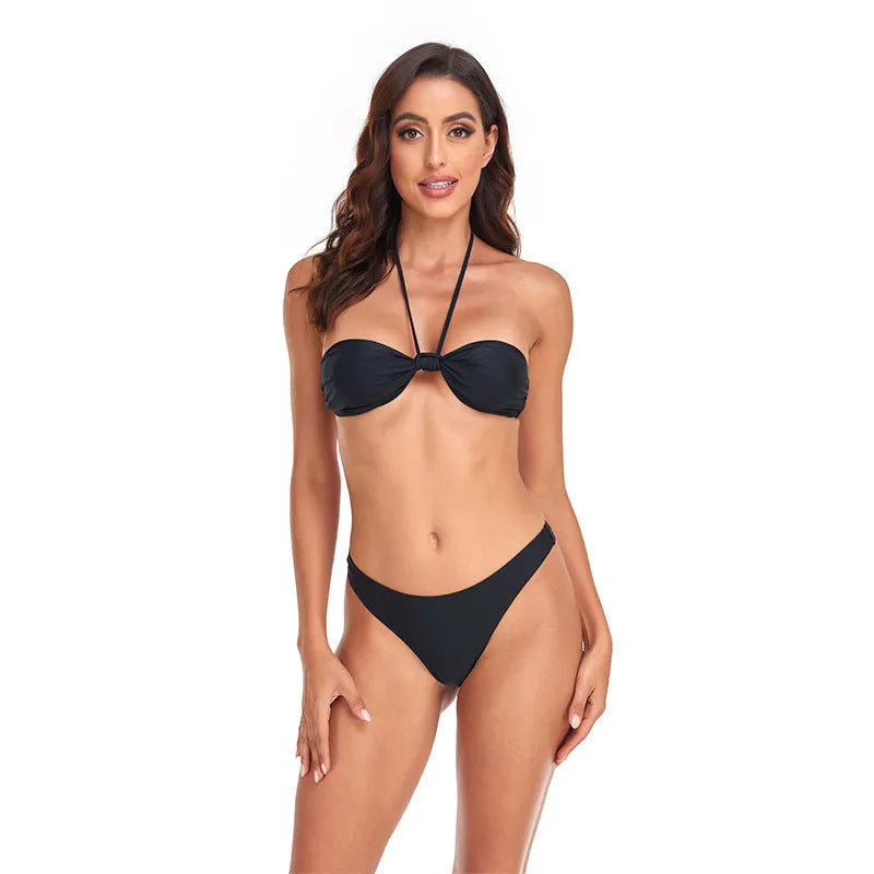 Black women's lace-up bikini top and high-cut briefs swimsuit set
