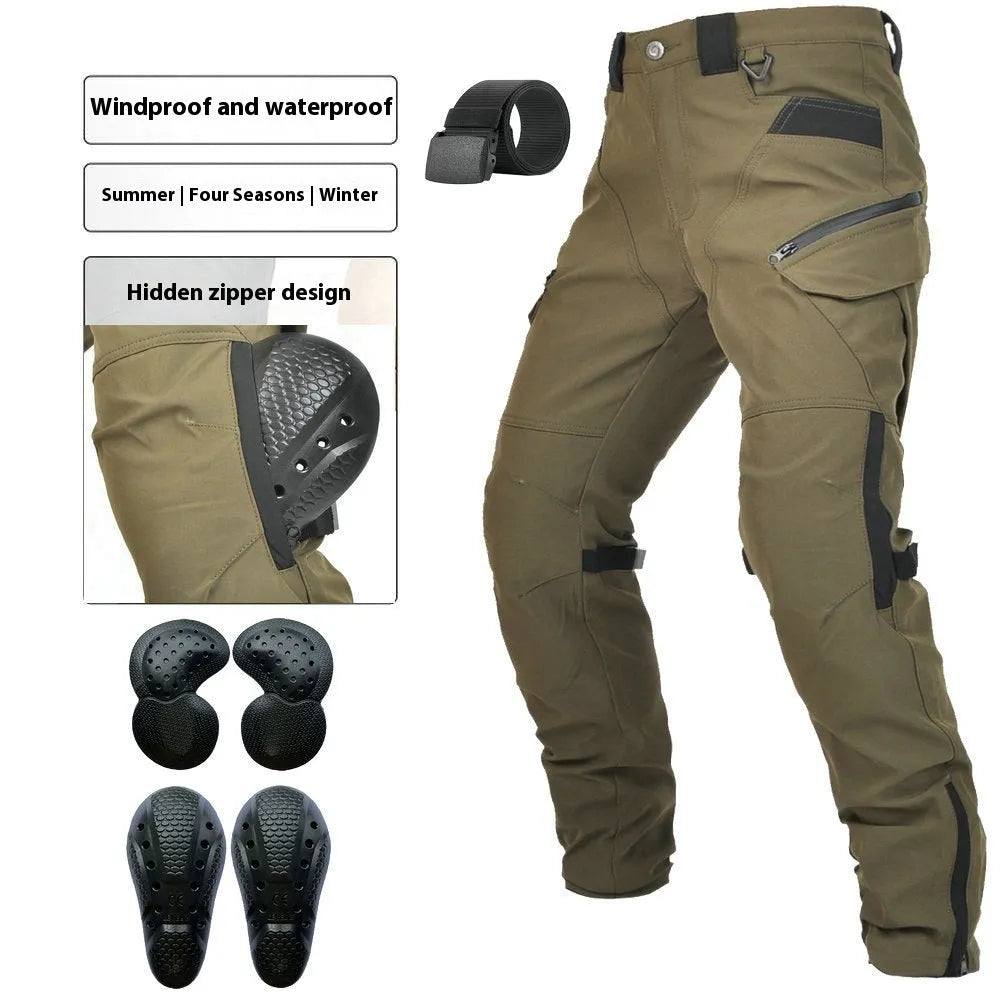 Men's solid-colour waterproof motorcycle trousers shown with a detachable belt and protective knee pads.
