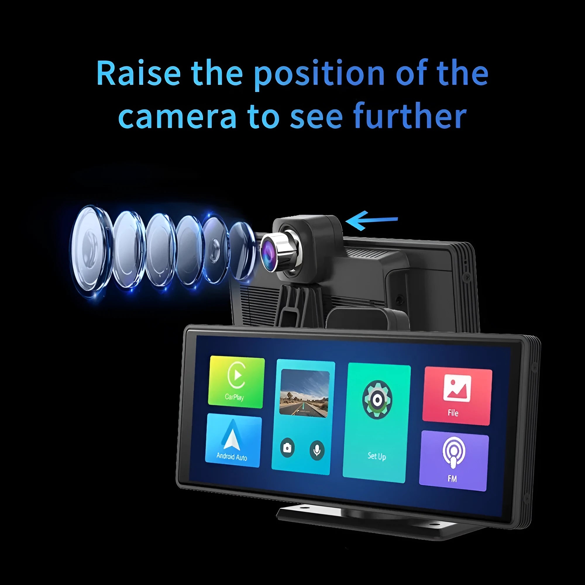 10.26-inch car DVR dash cam with touch screen, front and rear camera, showing split-screen display.