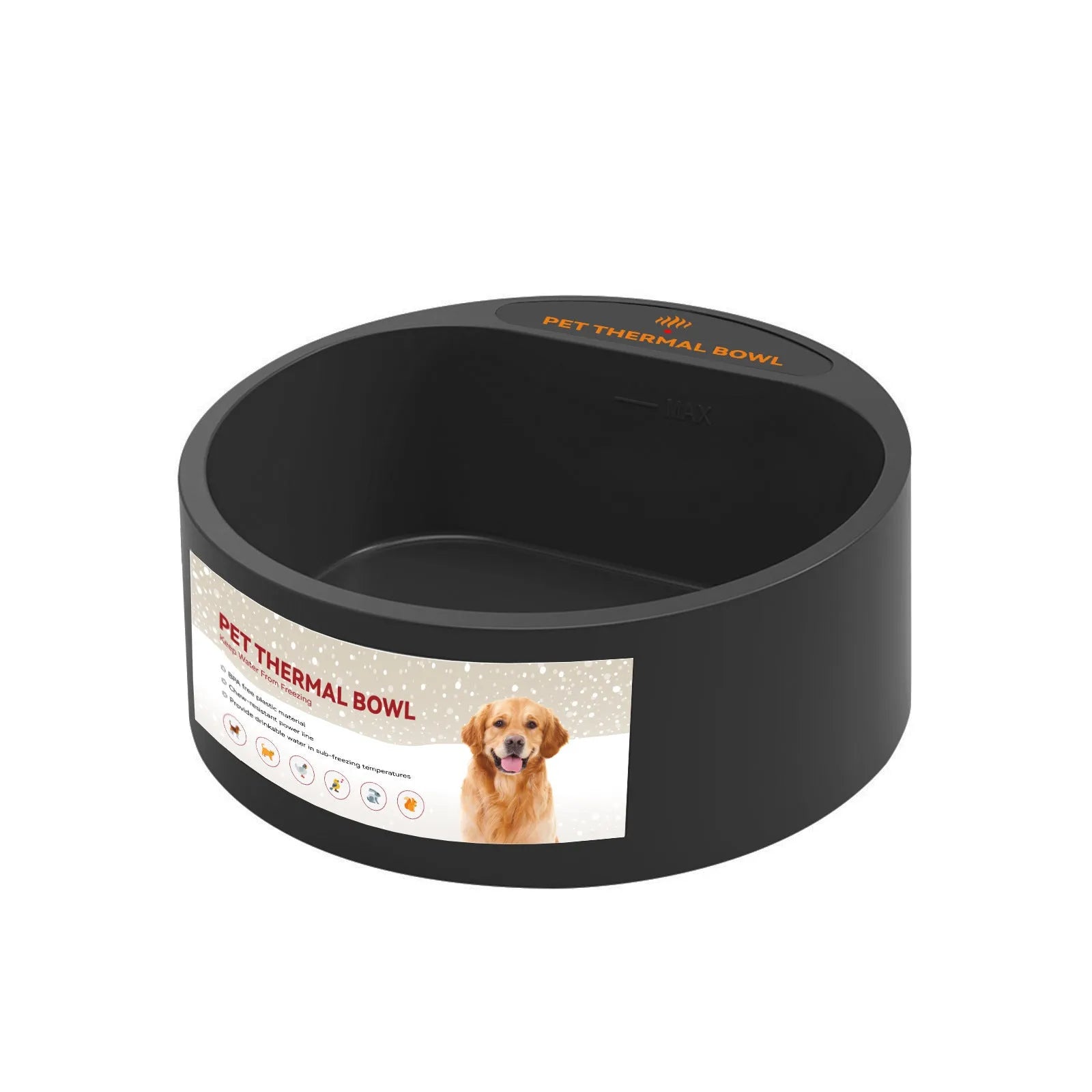 Black ABS plastic electric heated pet bowl with 2.2 litre capacity on a floor.