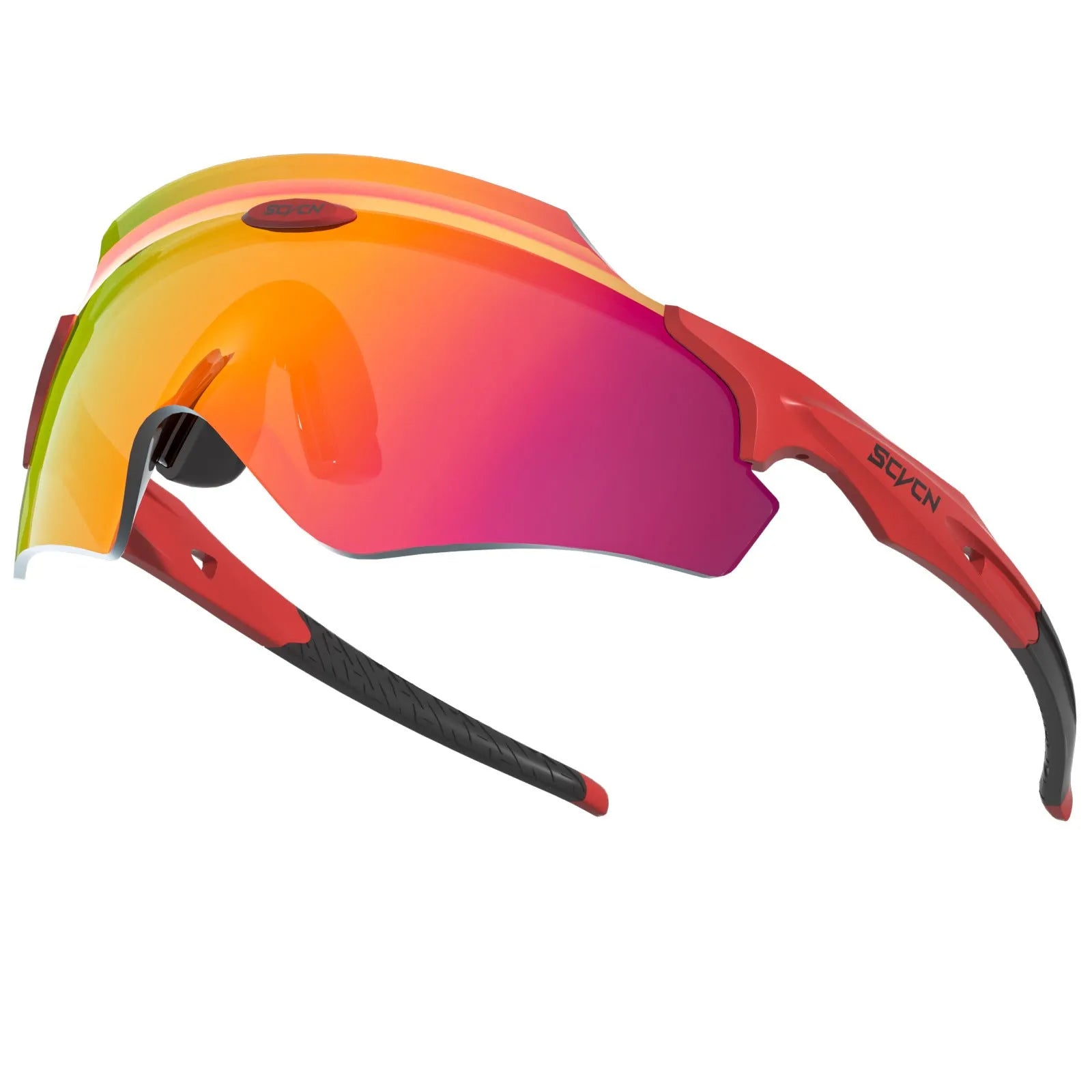 Frameless athletic sports goggles with a colourful integrated lens in various colour options.