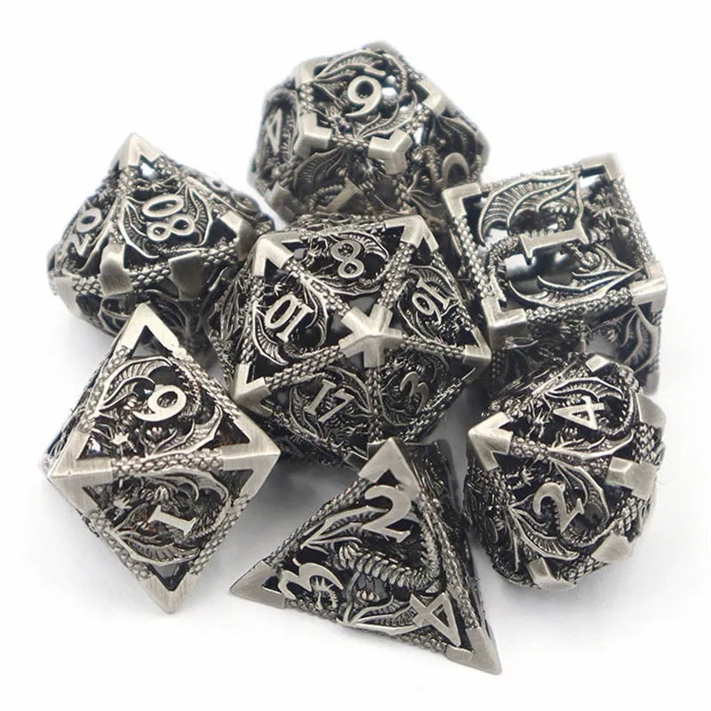 7-piece hollow copper electroplating dice set in multi-colour right-angle style, DND dice on gaming mat