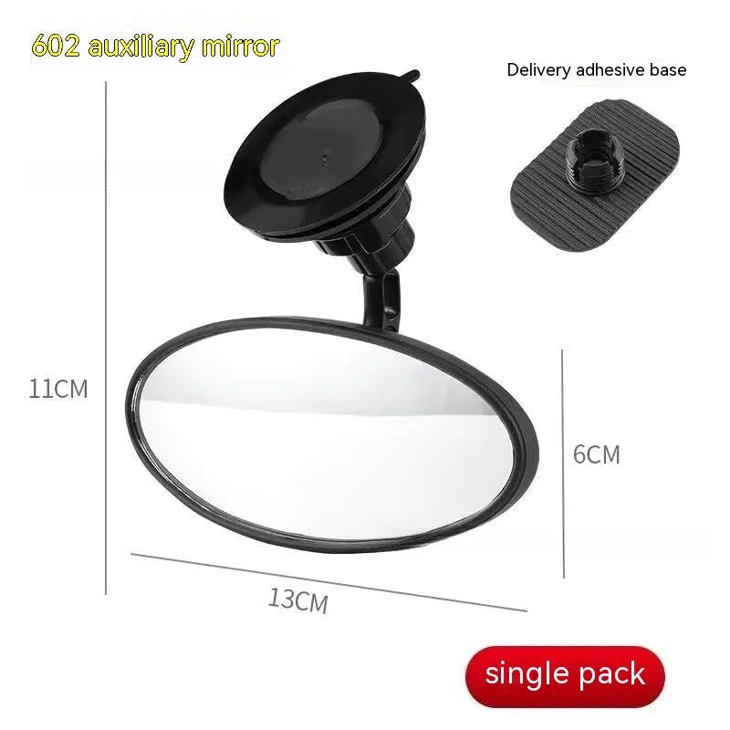 Black 360-degree rotating rearview mirror for cars shown with a large sucker mount for windscreen attachment.