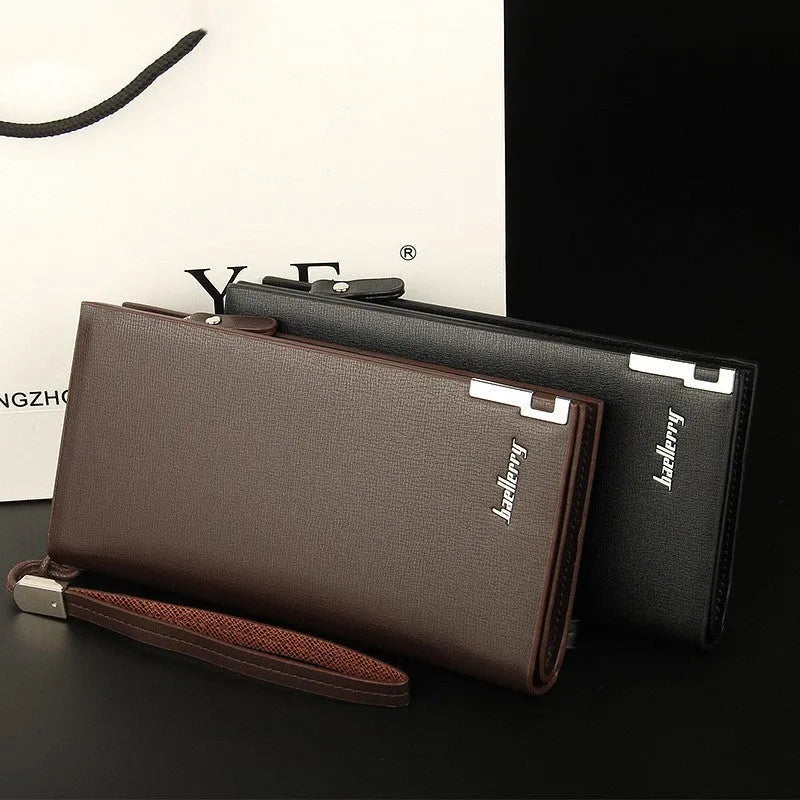 Men's long black PU leather wallet with a multifunctional zipper closure laid open showing seven card slots.