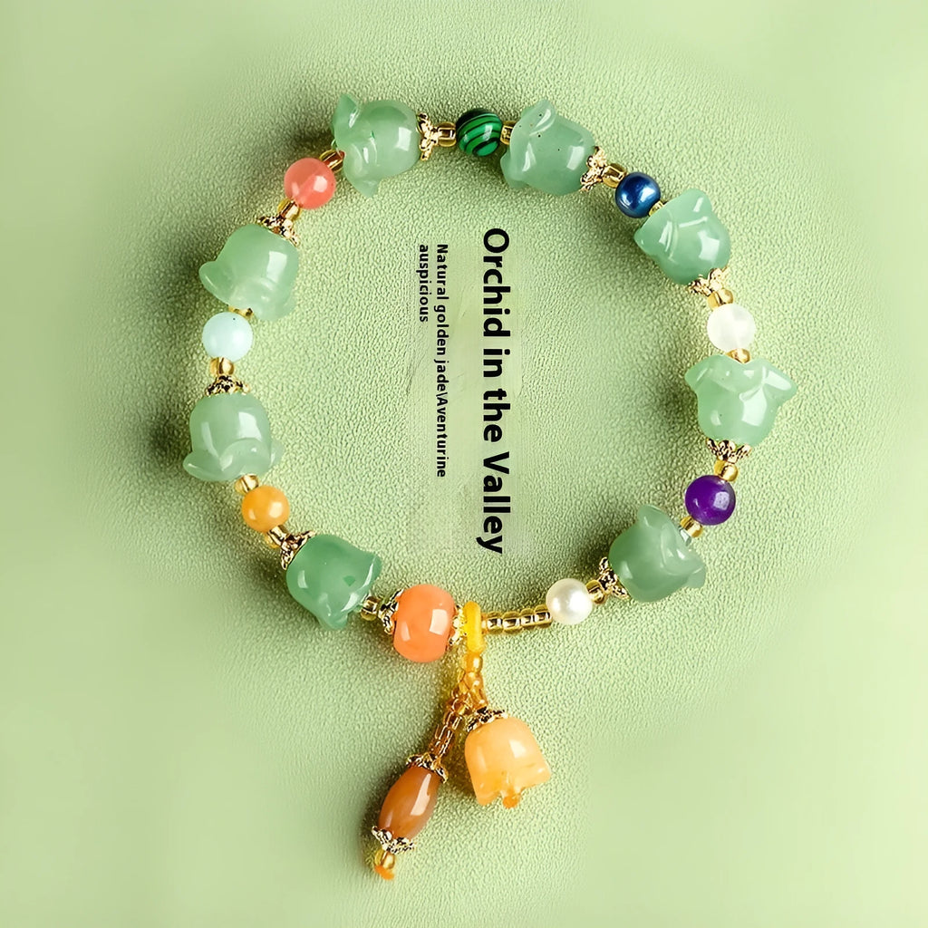 Carved natural Xinjiang Jinsi Jade bracelet with orchid beads in aventurine orchid colour, for wrists 14-18cm.