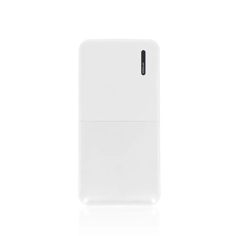 20000 mAh portable power bank with multiple USB ports in black or white colour measuring 140x69x26mm