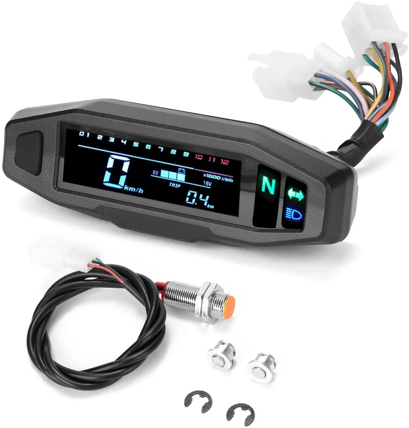 Black mini motorcycle LCD speedometer and multi-function gauge showing digital display.