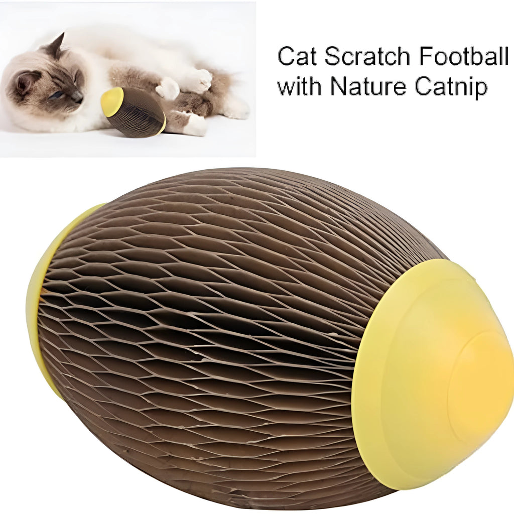 Elliptical corrugated paper catnip ball toy for cats with scratch surface and catnip cavity